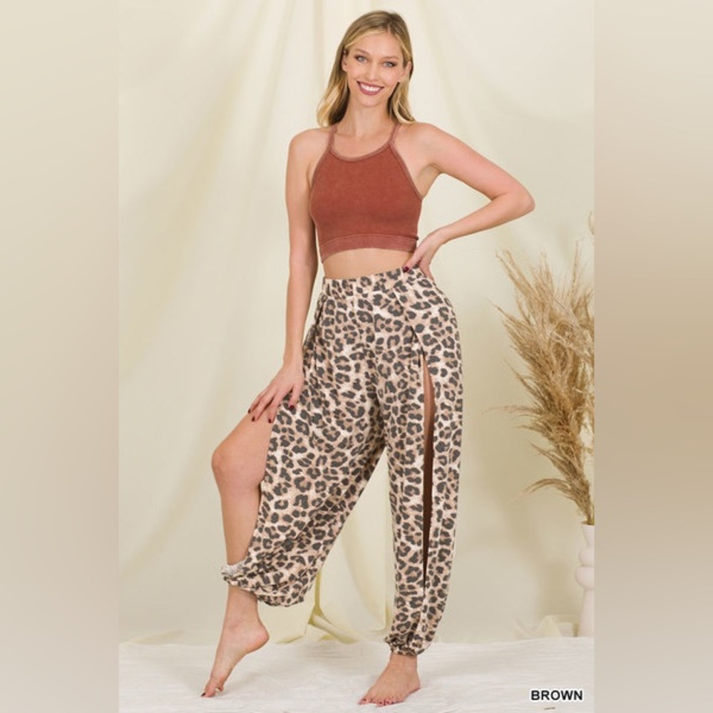 NEW! Zenana Hippie Harem Leopard Split Side Pants - Picture 7 of 16